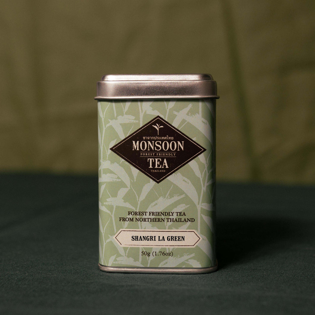 Shangri La Green from Monsoon Tea Company. Forest Friendly tea handpicked and produced in the mountains of Northern Thailand. Sustainable and delicious forest-grown tea.